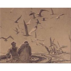 Gordon Grant (1875-1962) American, FISHERMAN WITH FEEDING SEAGULLS, pencil drawing, 9 x 11 1/2"...