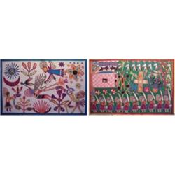 Huichol, YARN DRAWINGS (two), yarn applied to panel with wax, each 31 1/2 x 48". (2) Starting b...