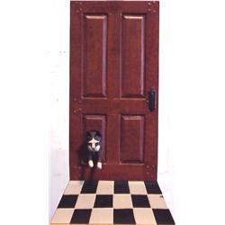 Huneck (20th Century), CAT DOOR, painted cast aluminum sculpture with painted wood cat appendag...