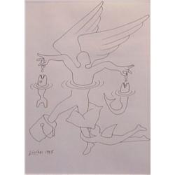 Mark Kostabi (b. 1960) American, ANGEL WITH FISH, 1993, ink drawing on paper, 11 1/2 x 8 1/2",...