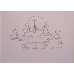 Mark Kostabi (b. 1960) American, UMBRELLA POOL, 1993, ink drawing on paper, 8 1/2 x 11 1/2", si...