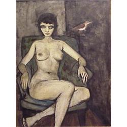 Charles Levier (b. 1920) French, SEATED NUDE WITH BIRD, c. 1959, oil painting on canvas, 40 x 3...