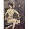 Image 1 : Charles Levier (b. 1920) French, SEATED NUDE WITH BIRD, c. 1959, oil painting on canvas, 40 x 3...