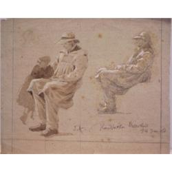 19th Century Style drawing, STUDY OF SEATED MAN, ink wash and pencil drawing with pencil grid o...
