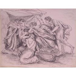 19th Century Style drawing, GATHERING WITH MOURNERS, 1831, ink drawing on paper, 7 x 8 3/4", mo...