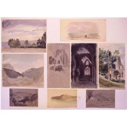 19th Century Style watercolors, LANDSCAPES, a collection of nine watercolors and ink wash drawi...