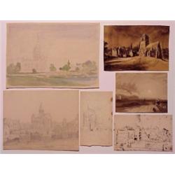 19th Century Style drawings & watercolors, CATHEDRALS; BUILDINGS; COSTAL SCENE, six pencil draw...