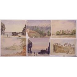 19th Century Style watercolors, COASTAL VIEWS AND A LANDSCAPE, a collection of six watercolors...