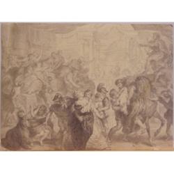 Old Master Style drawing, STRUGGLING CROWD, ink wash and pencil drawing on stiff wove paper, 6...