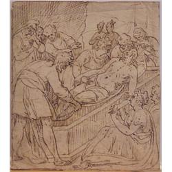 Old Master Style drawing, ENTOMBMENT, ink drawing on chain laid paper, 7 1/2 x 6 1/2", inscribe...