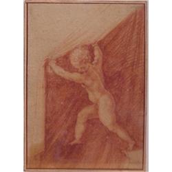 Old Master Style drawing, CHILD WITH CURTAIN, brown chalk on paper, backed with wove paper, 4 3...