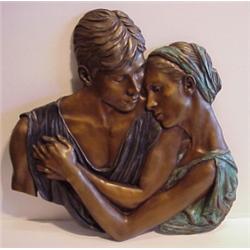 Roman Parmeter (20th Century) American, LOVERS, 1989, patinated color bronze wall sculpture, nu...