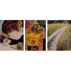 Norman Weiner (b. 1922) American, LANDSCAPE; BOY WRITING; TABLE SETTING, three oil painting on...