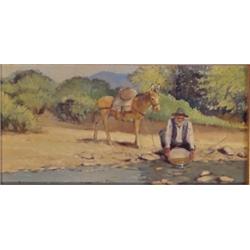 Western painting: Sheryl Bodily (20th Century), PANNING FOR GOLD, oil painting on board, 6 x 12...