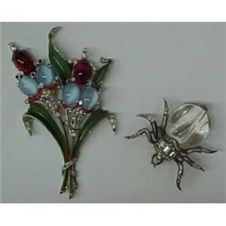 Two Trifari fur clips, floral motif in white