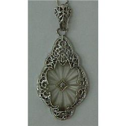 14K white gold filigree pendant and chain, 16 