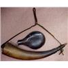 Image 1 : Powder horn and shot pouch, "Powder Horn" carved