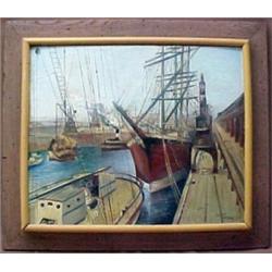 Zocchi, Fontaine, oil on board of ships at dock,