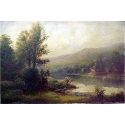 L. Fischer, oil on canvas landscape with lake and