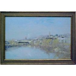 Stuart Shils, oil on board, "River Scene", see