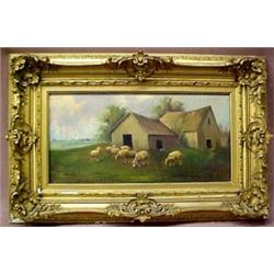 Vitallo, sheep by barn, oil on canvas, signed