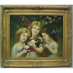 E. Beccari, three girls with rabbit, oil on