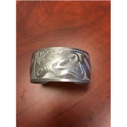 BC FIRST NATIONS WIDE BAND CARVED  METAL ART BRACELET - AHOUSAT NATIONS TOFINO