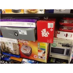 SHELF LOT OF HOUSEHOLD ITEMS INCLUDING RICE COOKER, GRILL, DISHES, MICROWAVE ETC.