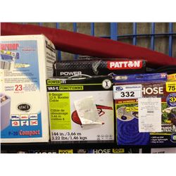 SHELF LOT OF UTILITY HEATER, WATER HOSE, BOOSTER CABLE, COOLER ETC.