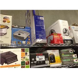 2 SHELF LOTS OF ASSORTED HOUSEHOLD ITEMS INCLUDING DEHYDRATOR, TV WALL MOUNTS, SLOW COOKER, ETC.