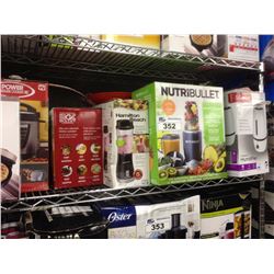 SHELF LOT OF ASSORTED HOUSEHOLD ITEMS INCLUDING NUTRIBULLET, PRESSURE COOKER, ETC.