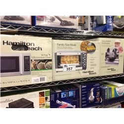 2  SHELF LOT OF ASSORTED HOUSEHOLD ITEMS INCLUDING MICROWAVE, MEAT SLICER, DEHYDRATOR, ETC.