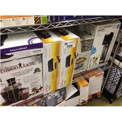 SHELF LOT OF ASSORTED HOUSEHOLD ITEMS INCLUDING SUNBEAM GRILL, SODASTREAM,FUSION JUICER, ETC.