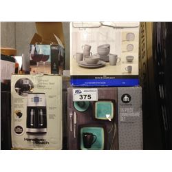 SHELF LOT OF ASSORTED HOUSEHOLD ITEMS INCLUDING DINNERWARE SET, SEALER, TRASSIMO, ETC.