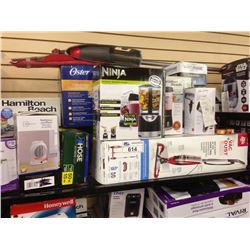 SHELF LOT OF ASSORTED SMALL APPLIANCES INCLUDING NINJA BLENDER, FABERWARE CUTLERY SET, HAMILTON BEAC