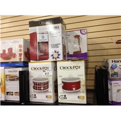 SHELF LOT OF ASSORTED SMALL APPLIANCES INCLUDING  CROCKPOTS, BELLA COFFEE MAKER ETC.