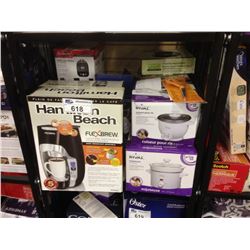 SHELF LOT OF ASSORTED SMALL APPLIANCES INCLUDING A HAMILTON BEACH COFFEE MAKER, NUTRI NINJA BLENDER