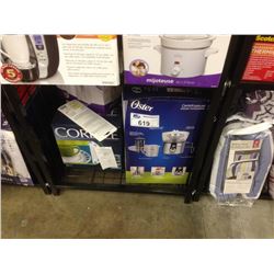 SHELF LOT OF ASSORTED SMALL APPLIANCES INCLUDING AN OSTER JUICE EXTRACTOR, RIVAL TOASTER AND 12 PEIC