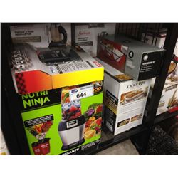 SHELF OF ASSORTED SMALL APPLIANCES INCLUDING NUTRI NINJA BLENDER, CROCKPOT AND OSTER HAND MIXER