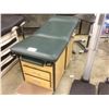 Image 2 : GREEN LEATHER AND WOOD MEDICAL EXAMINATION TABLE WITH ADJUSTABLE SIDE TABLE
