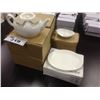 Image 1 : 4 WHITE TEA POTS, 6 21" OVAL PLATES AND A SMALL BOX OF SAUCE BOWLS