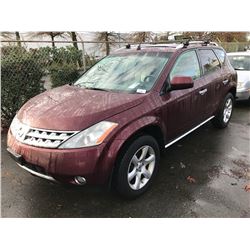 2006 NISSAN MURANO SE AWD, 4 DOOR SUV, RED, VIN # JN8AZ08W86W527491