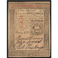 1773 Twenty Shillings Pennsylvania Colonial Continental Currency Note