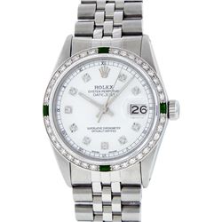Rolex Mens Stainless Steel Emerald and Diamond Datejust Wristwatch