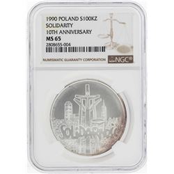 1990 Poland 100 Zlotch Solidarity 10th Anniversary Silver Coin NGC MS65