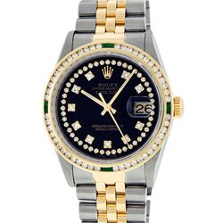 Rolex Mens Two Tone 14KT Yellow Gold Emerald and Diamond Datejust Wristwatch