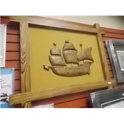 CARVED WOOD PICTURE OF SHIP