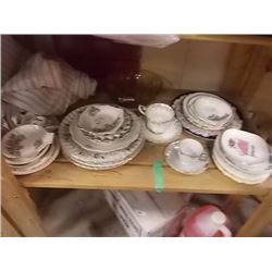 SHELF LOT ASSORTED CHINA PLATES AND MORE