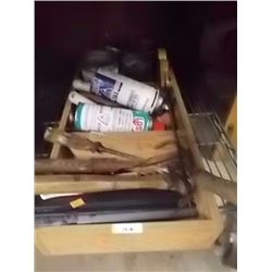 WOODEN BOX  OF ASORTED TOOLS, LUBRCANT, NAILS AND MORE