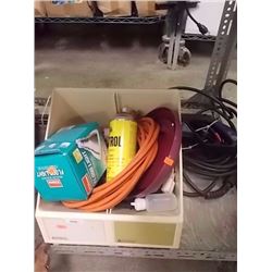 LOT OF ASSORTED ELECTRIC EXTENTION CORDS & 2 DISPLAY BINS WITH DIVIDERS & 2 HAND SAWS  - ALL ONE MON